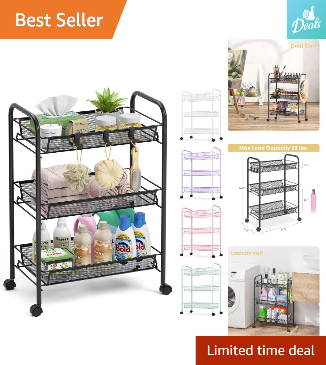 Easy-to-Assemble Metal Rolling Cart with Hooks - Perfect for Laundry & More