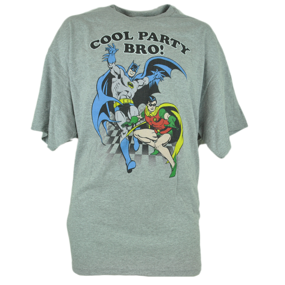DC Comics Batman Robin Cool Party Bro Cartoon Graphic Tshirt Tee Grey