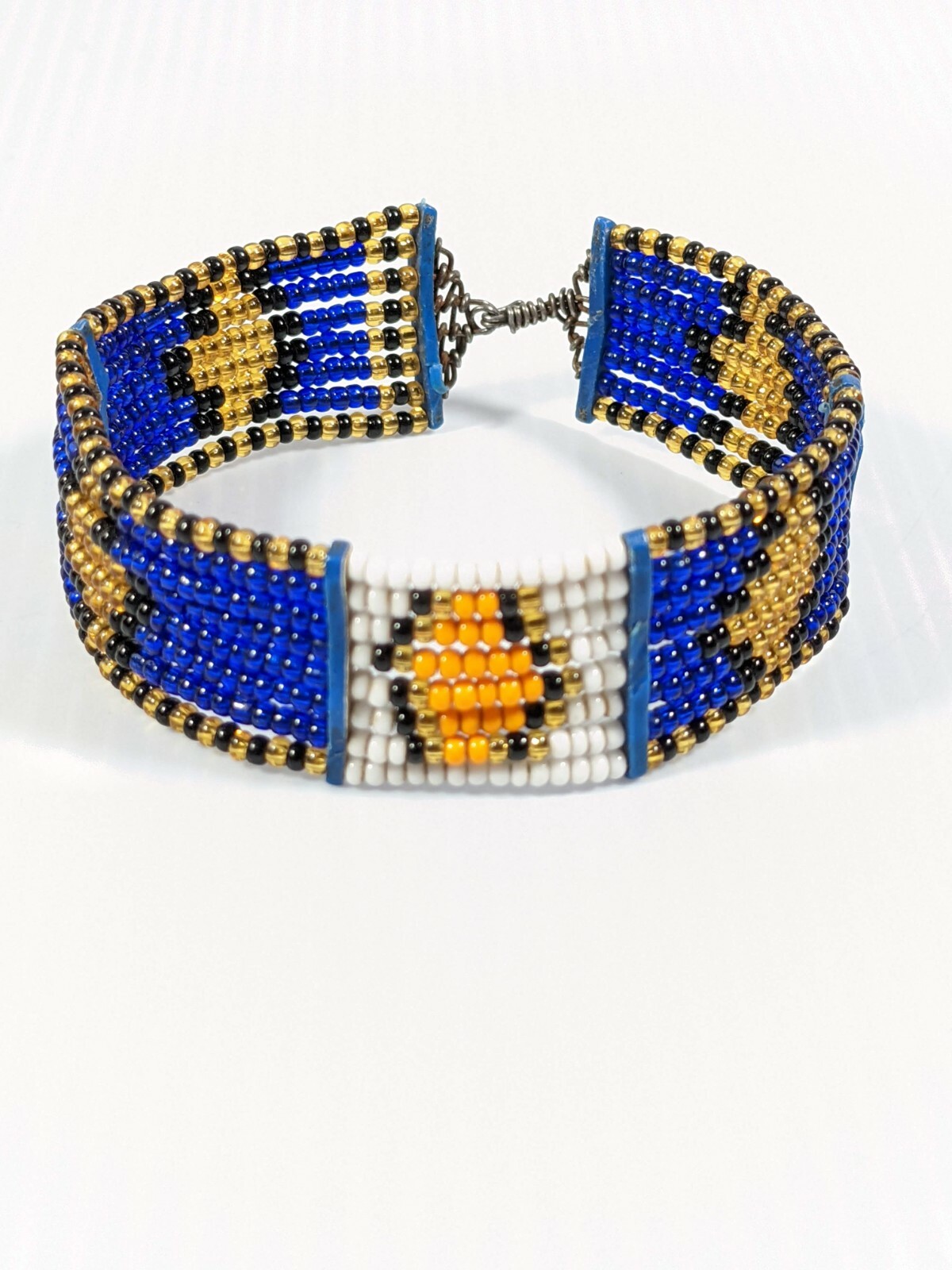 Artisan Blue White Orange Woven Glass Bead Tribal Style Bracelet 6.75 inches