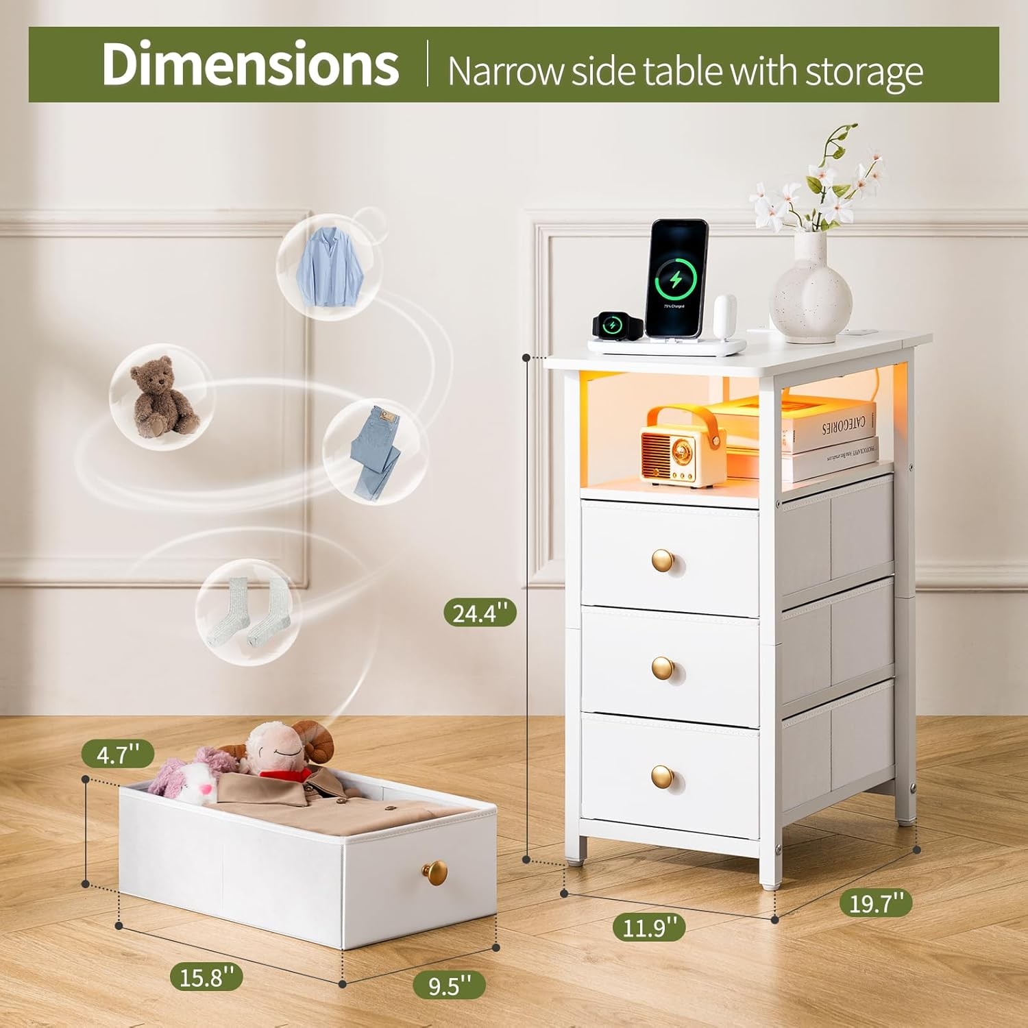 End Table W/ Charging Station LED Narrow Side Table Bedside Table Small Night