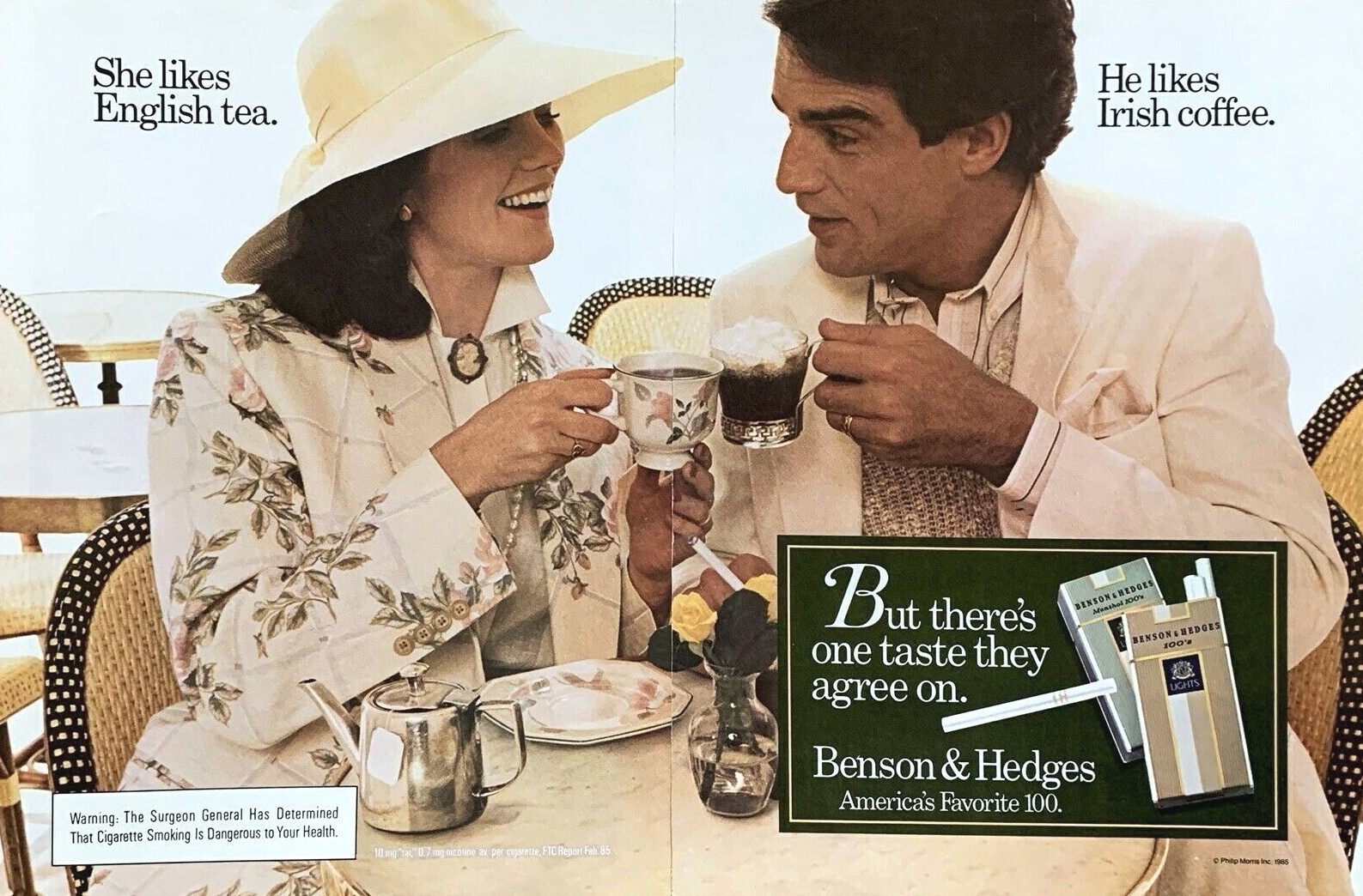 1985 BENSON & HEDGES She Likes English Tea He Likes British Coffee PRINT AD