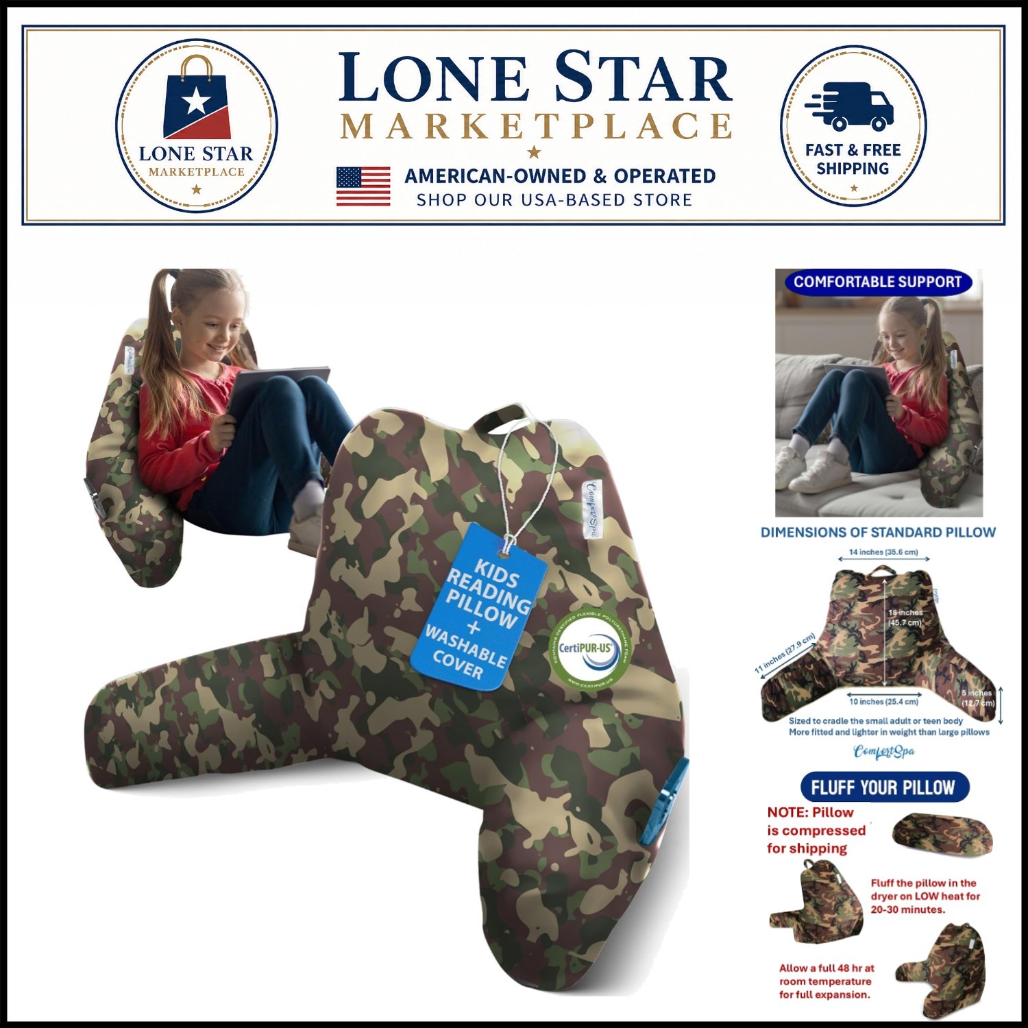 Ergonomic Standard Camouflage Reading Pillow with Pockets for Kids & Adults