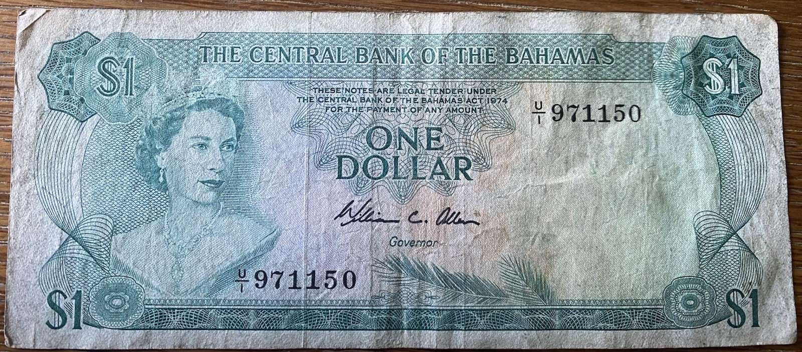 1974 Bahamas $1 Dollar P#35b W.C. Allen U/1 971150