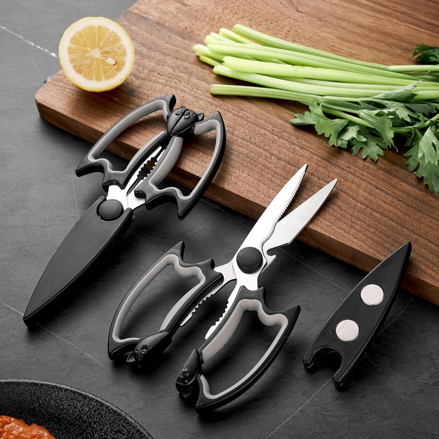 Halloween Goth Kitchen Scissors 2-Pack - Heavy Duty Shears with Magnetic Sheath