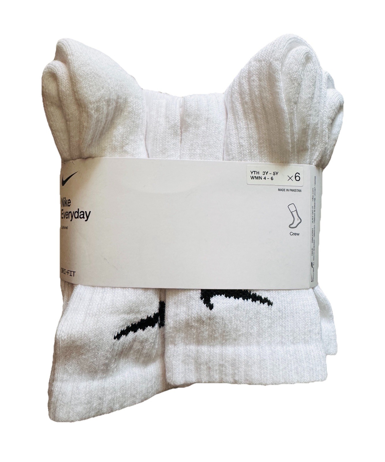 Nike Everyday Socks Cushioned Socks Youth Size 3Y-5Y White 6 Pack Crew Socks New