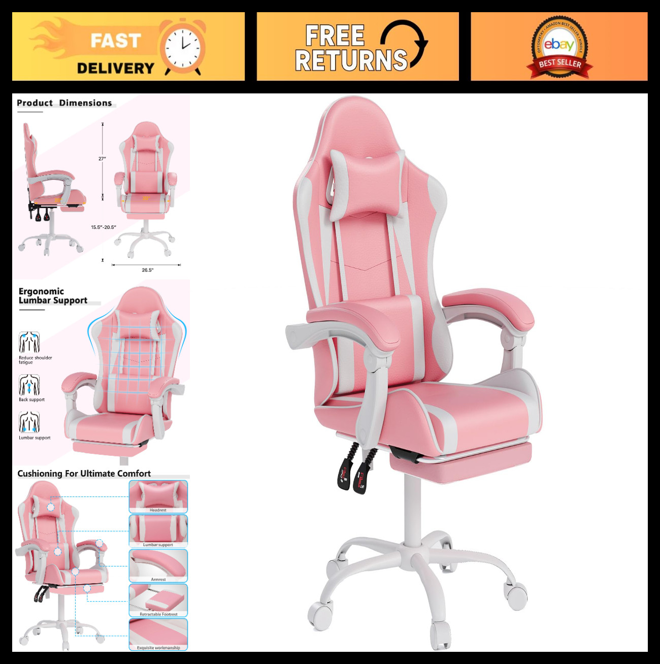 Ergonomic Pink White Gaming Chair with Headrest & Lumbar Support, High Back, Adj