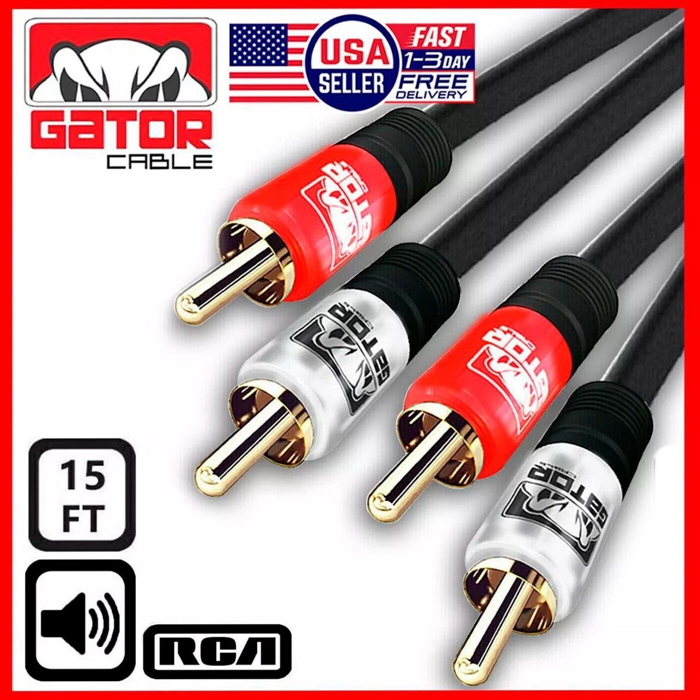 2-RCA to 2-RCA Cable Male Stereo Audio Patch Coaxial Cord L/R Gold Plated 15FT