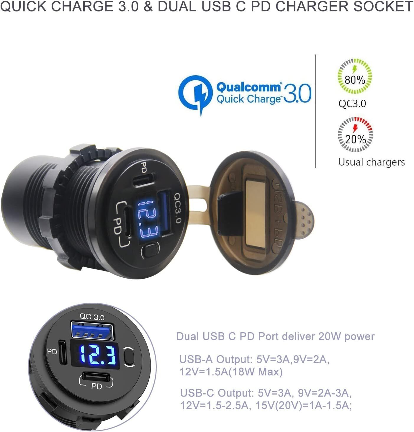 12-24V Dual USB Quick Charge 3.0 Port & PD USB C Car Charger Socket w/ Voltmeter