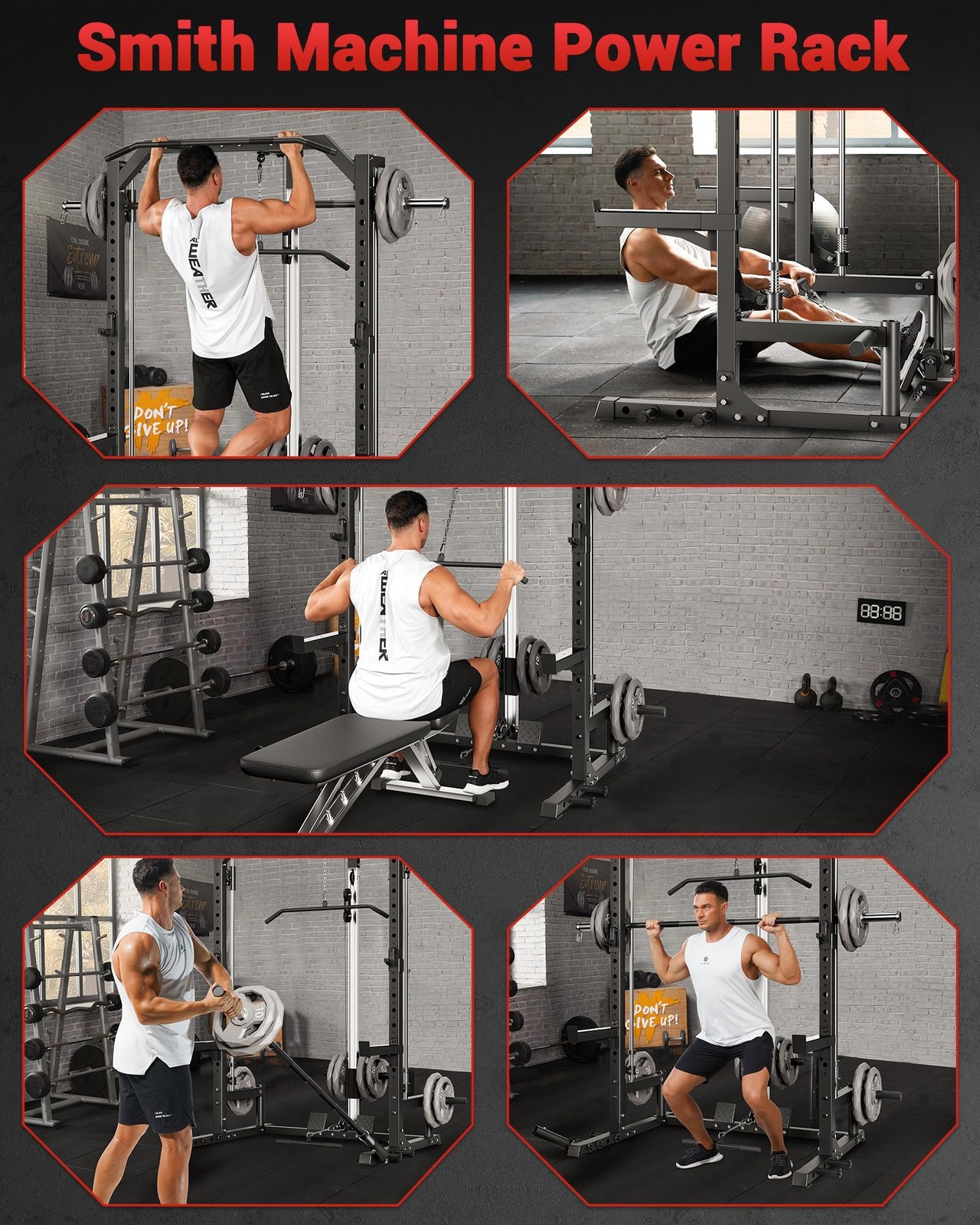 Smith Machine Power Cage w/ Barbell Bar, Cable System, LAT Pulldown for Home Gym
