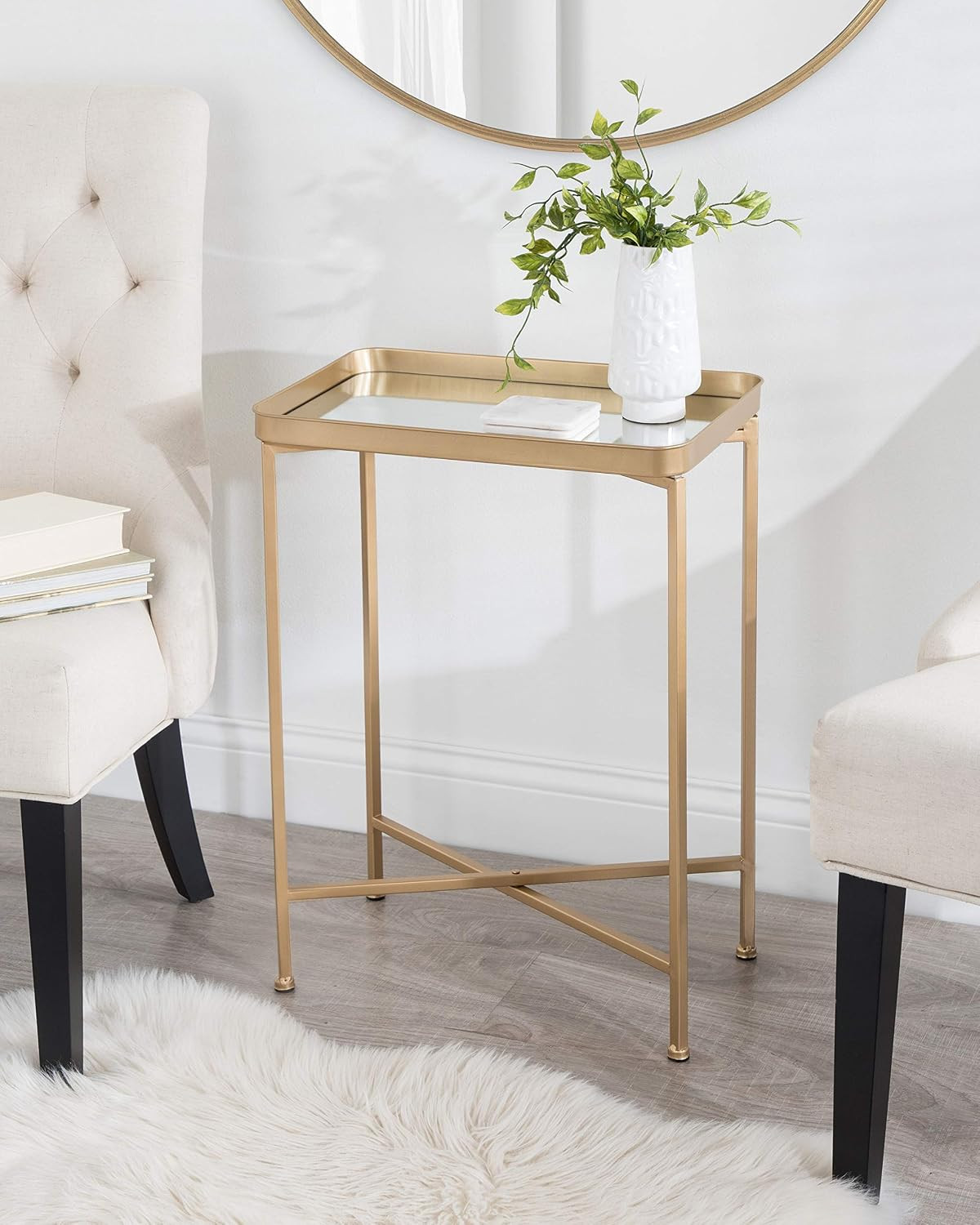 Celia Modern Mirrored Tray Side Table, 18 X 12 X 26, Gold, Foldable Rectangular