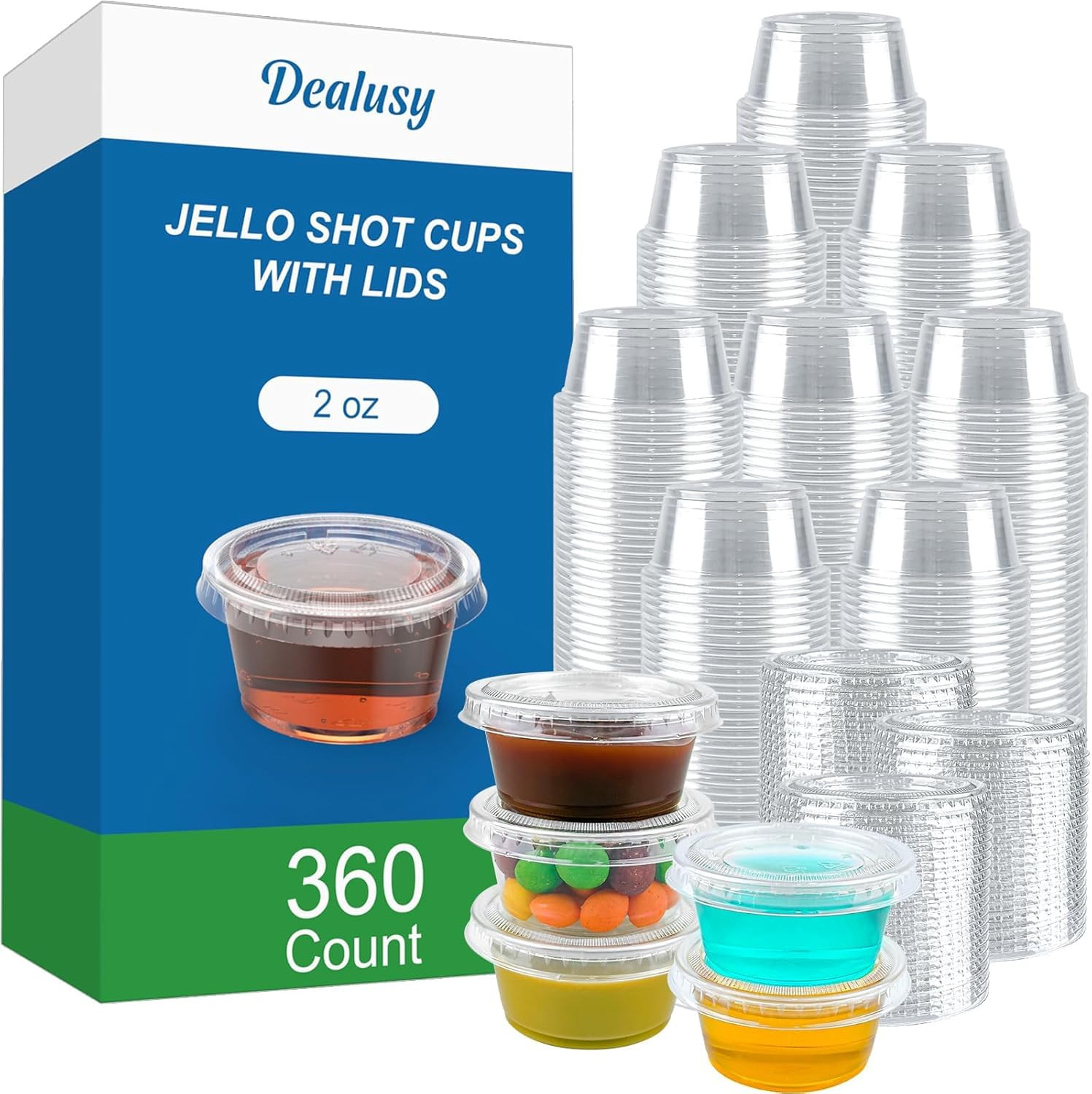 360 Set 2 Oz Jello Shot Cups with Lids, Sturdy & Food Safe Disposable Plastic Po