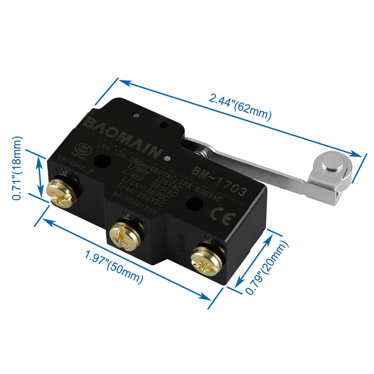 Baomain Micro Switch BM-1703 (TM-1703) Long Hinge Roller Lever AC 380V Black