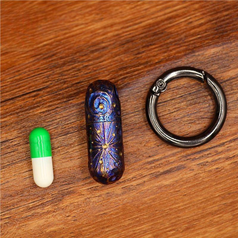 Pure Titanium Waterproof Keychain Pill Holder Case Container Hand-Carved EDC