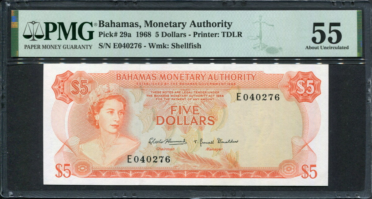 Bahamas 1968, 5 Dollars, P29a, PMG 55 AUNC