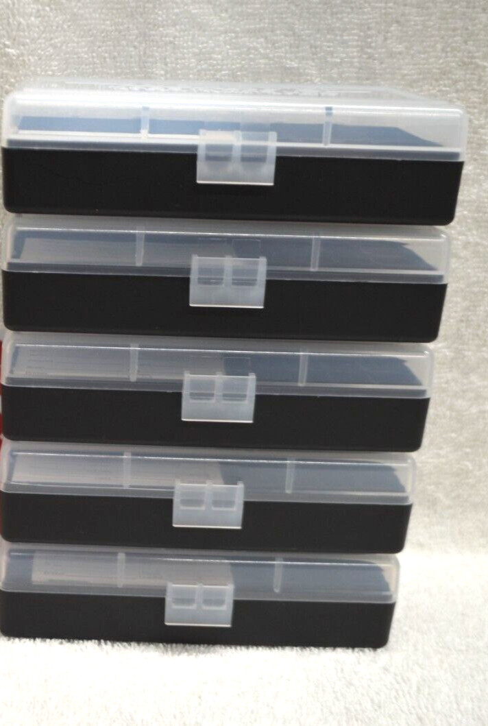 5 x BERRY'S PLASTIC AMMO BOX, CLEAR/BLACK 50 Round 45/40/10MM - FREE S/H