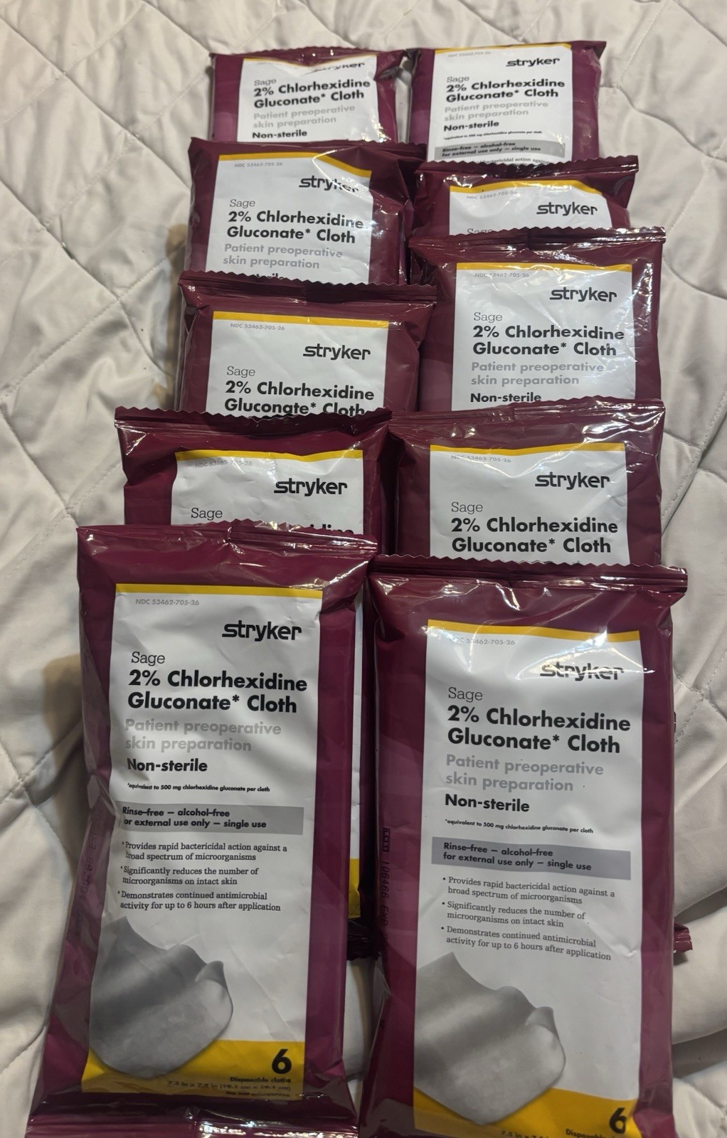 lot Stryker 2% Chlorhexidine Gluconate Cloths lot 10 packs  total of 60 cloths