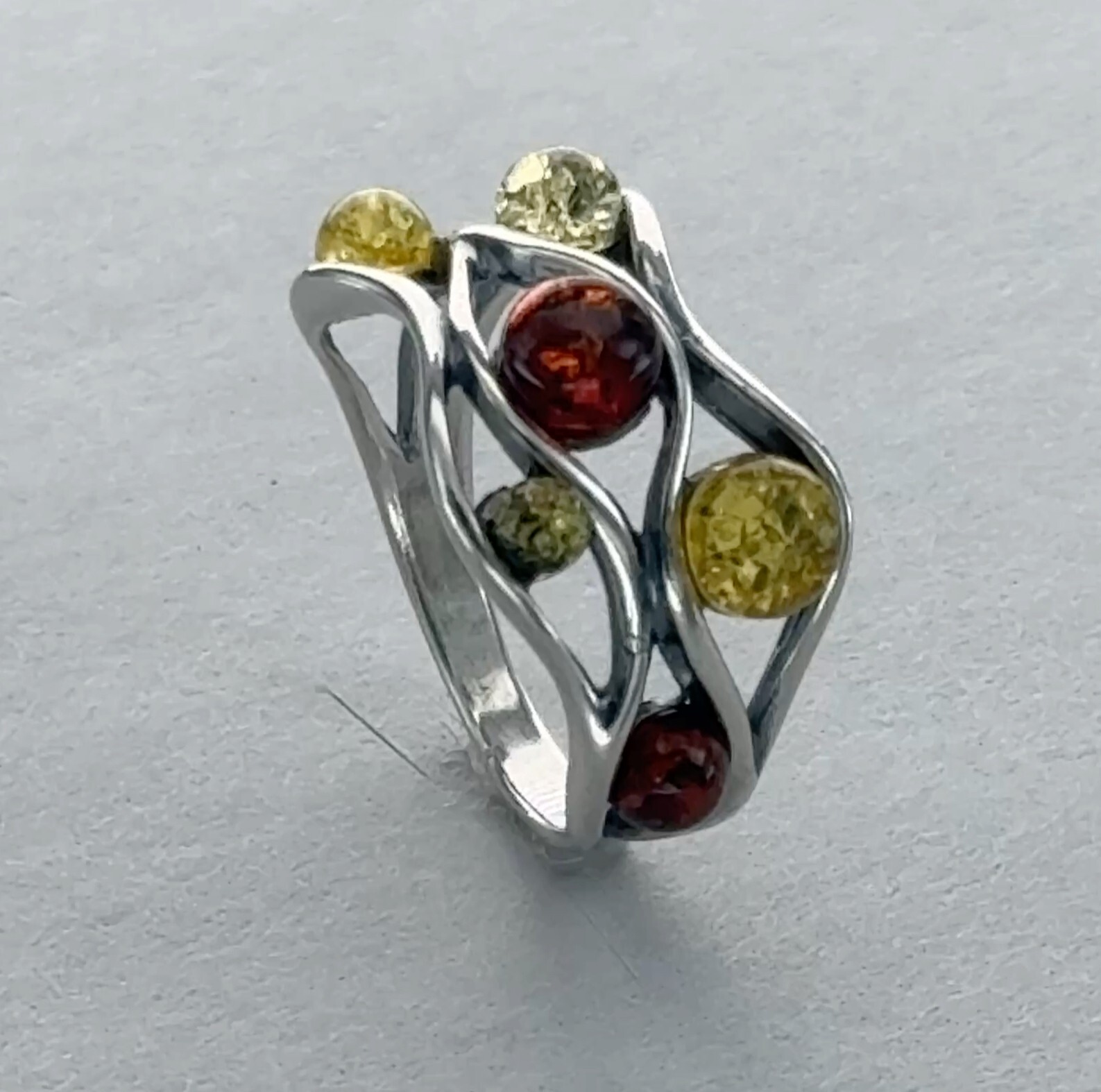 Round Multi-Color BALTIC AMBER Rectangle Ring - 925 STERLING SILVER Poland #87e