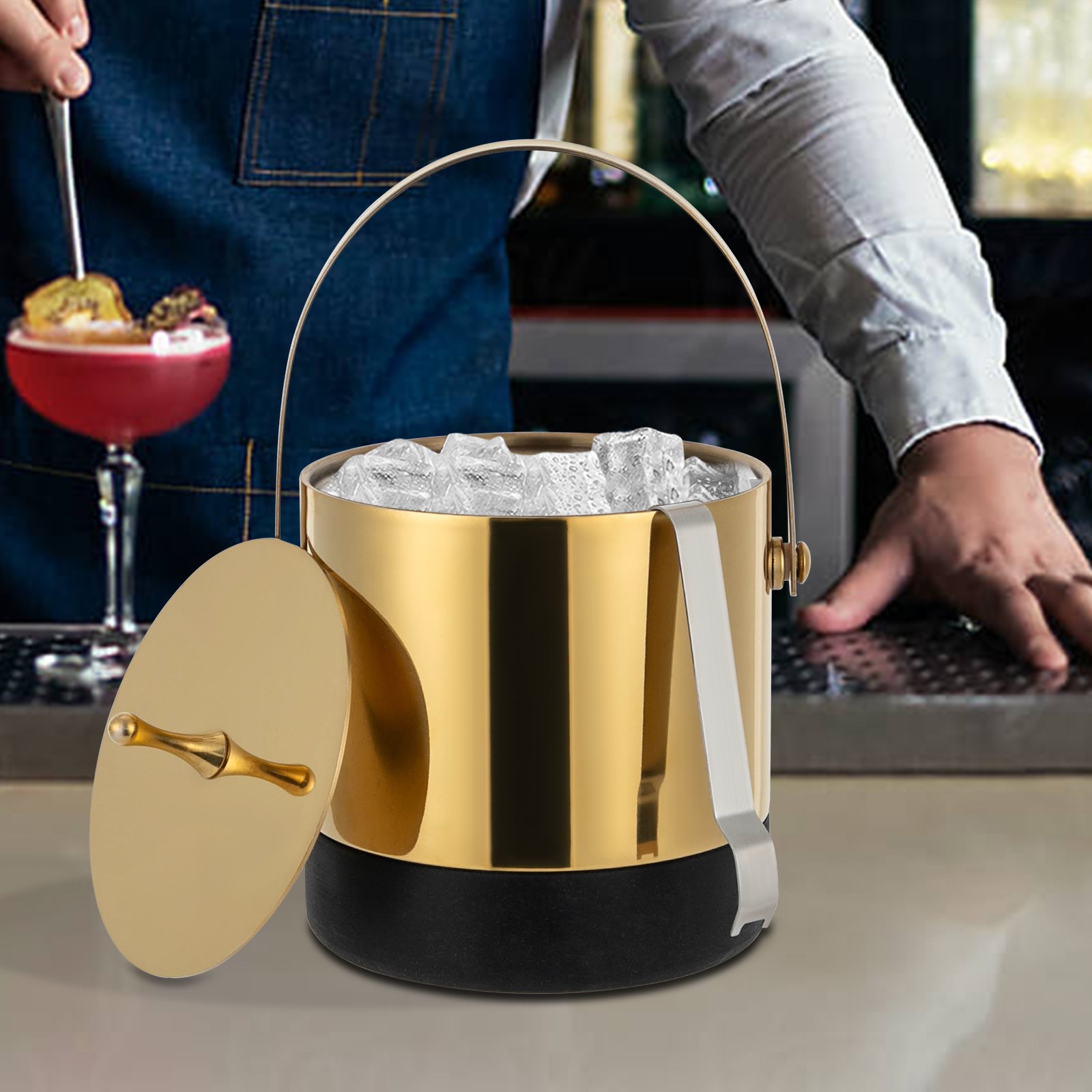 1.4L Stainless Steel Ice Bucket Portable Ice Bucket Round Ice Bucket W/ Ice Tong