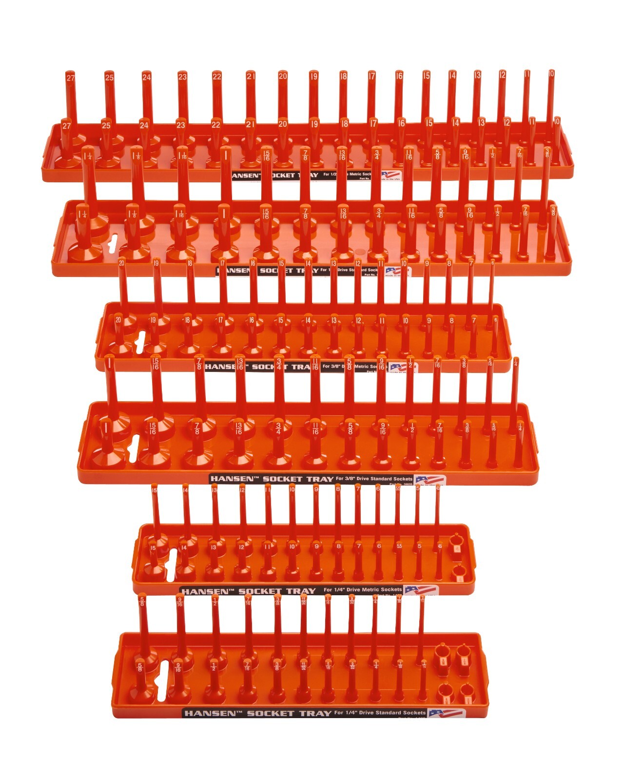 Hansen 6pc Socket Organizer Tray Rack Holder Metric SAE 1/4" 3/8" 1/2" Orange