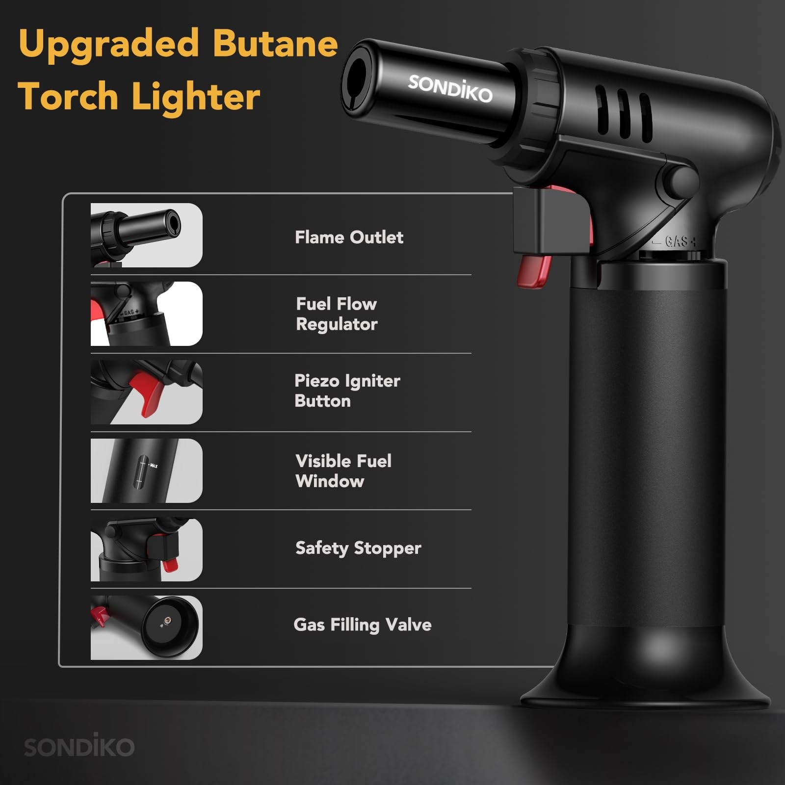 Sondiko Butane Torch Lighter with Visible Fuel Window, Black-S907, Black 2