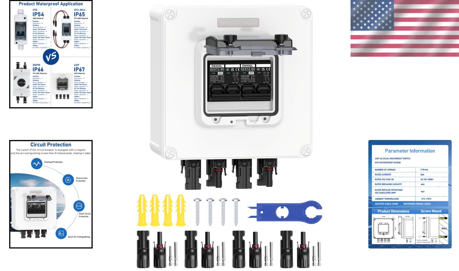 Solar Panel Disconnect Switch 2 String 30 Amp DC Circuit Breaker Box Compatib...