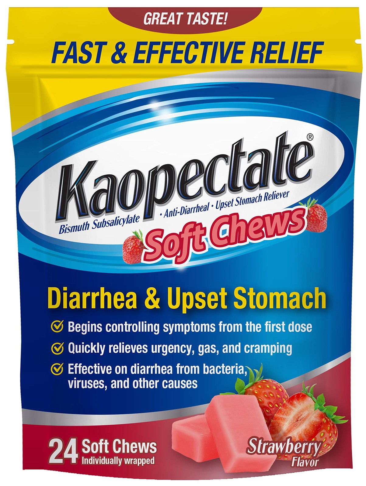 Kaopectate Strawberry Soft Chews 24 Count Anti Diarrhea Relief For Adults