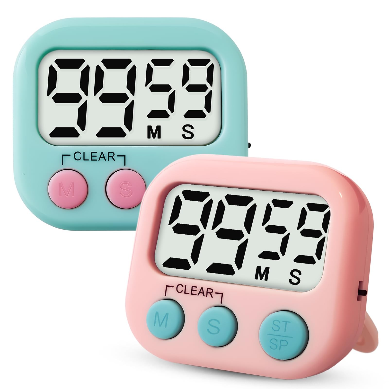 Glochin 2 Pcs Digital Timer for Kids, Small, Pink, Blue, Green, White