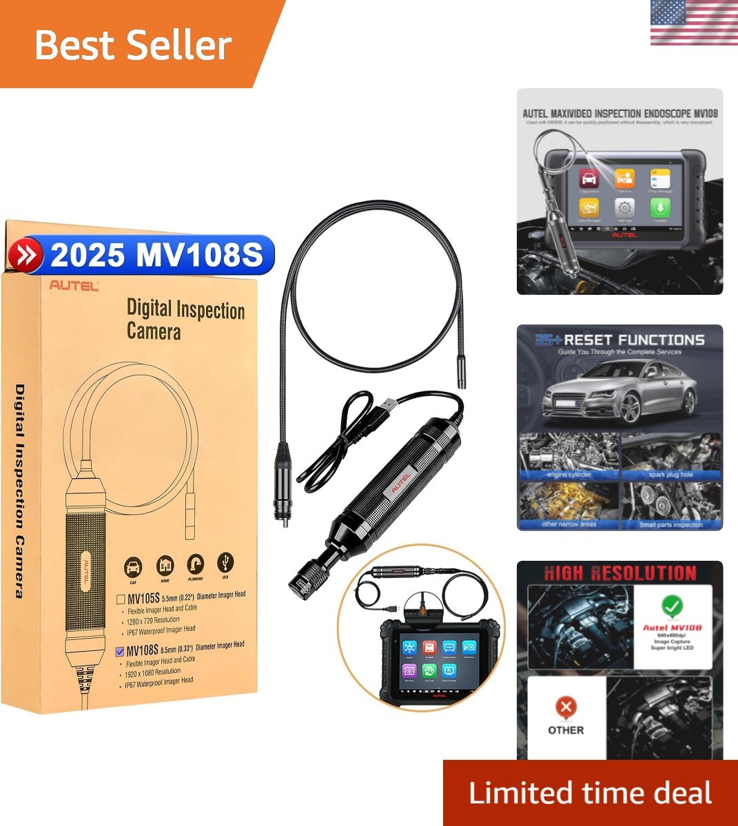 MaxiVideo MV108S Waterproof Inspection Camera with Light - Automotive Essential