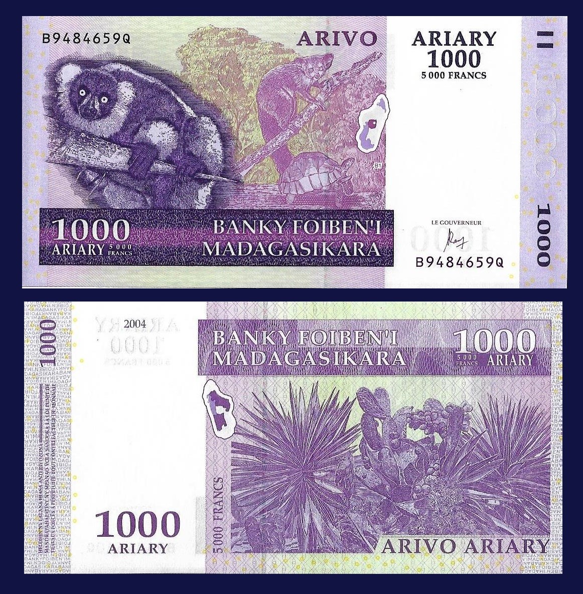 Madagascar P89b, 1000 Ariary,  LEMUR, tortoise / Sisal, agave  UNC see UV image