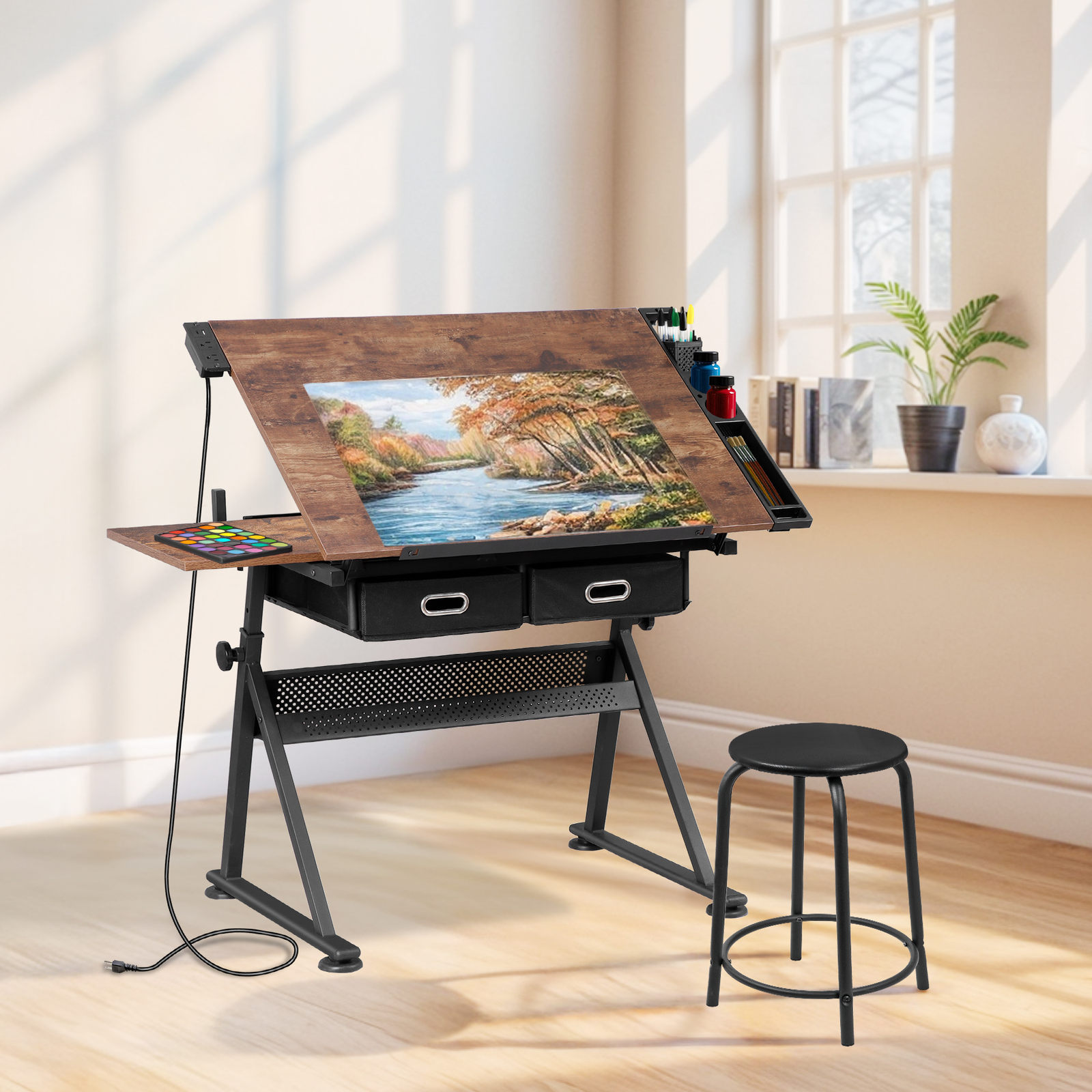 Adjustable Drawing Writing Table Stool w/ 2 Drawers for Artwork Art Desk Retro
