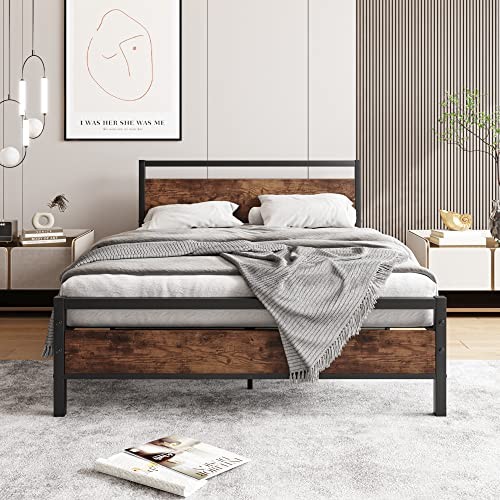 Size Bed Frame with Headboard, Heavy Duty Platform Bed Frame Full Rustic Brown