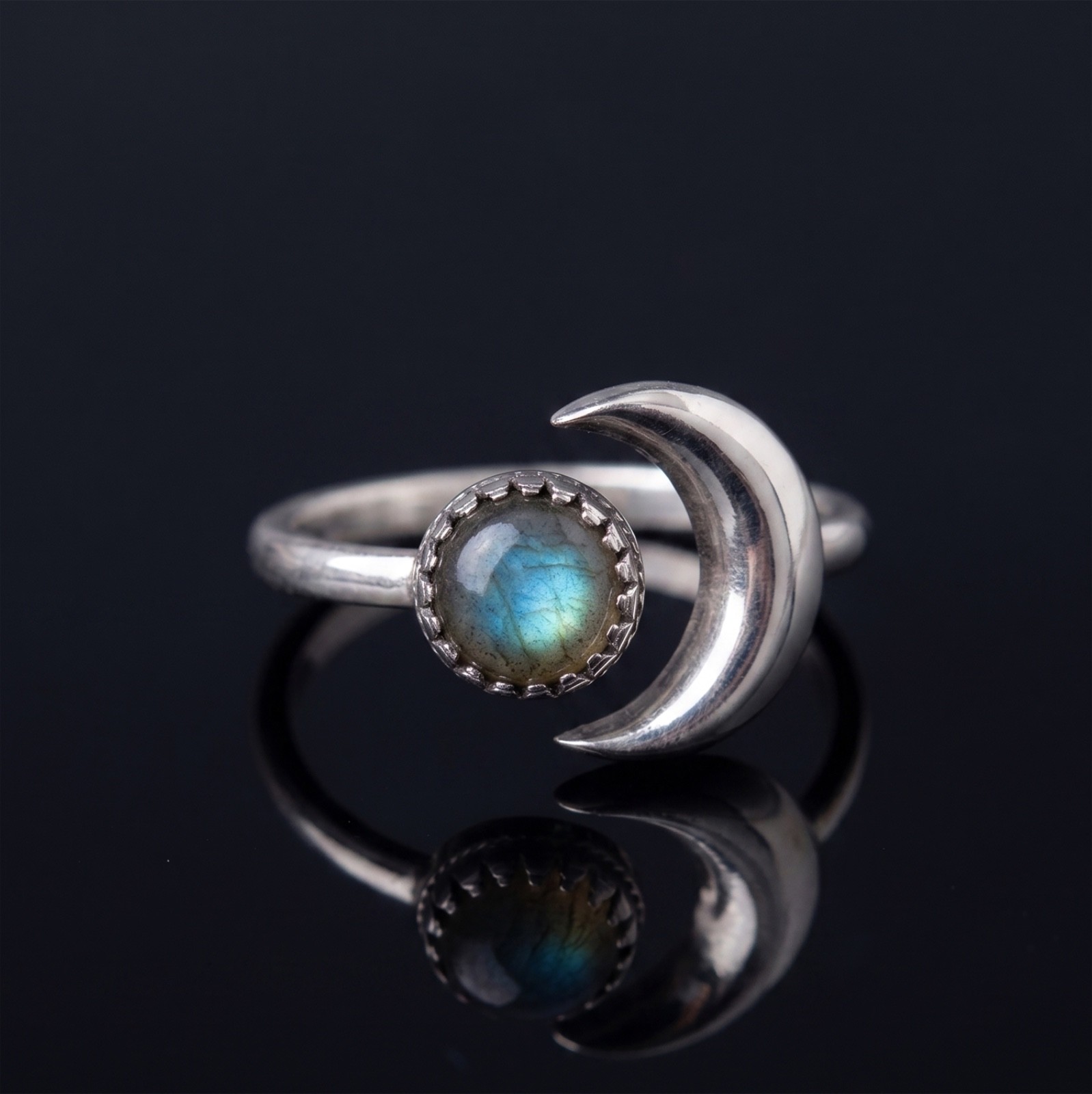 Sterling Silver Labradorite Moon Ring - Boho Celestial Crescent Bypass Ring