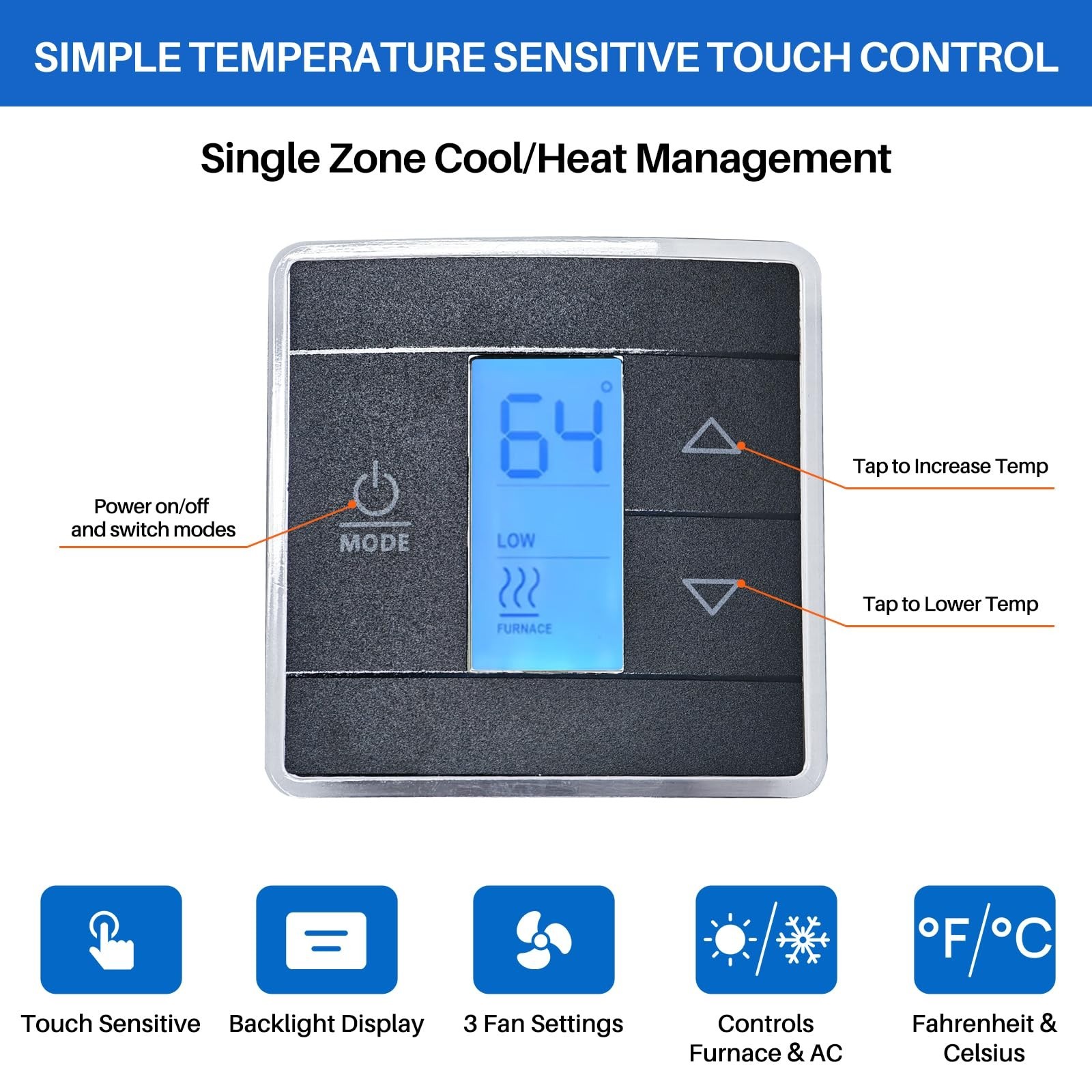Upgraded 3-Wire RV Thermostat, 12VDC Digital Wall Control, Touch-Sensitive, Blue