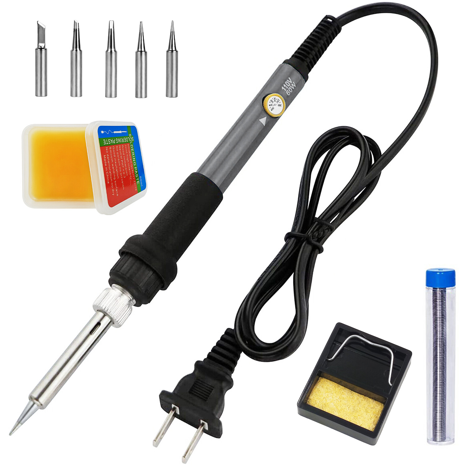 60W Soldering Iron Kit Solder Wick Flux Paste Adjustable Temperature Welding Set