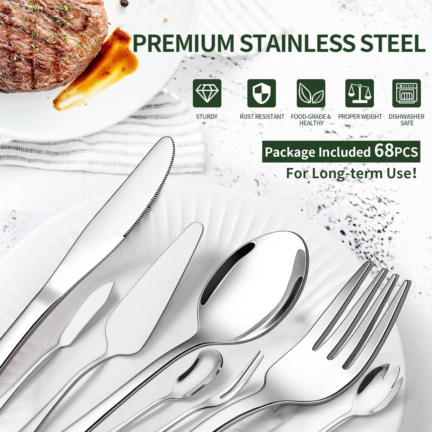 68 Pieces Silverware Set with Serving Utensils Set, Stainless Steel Flatware Se