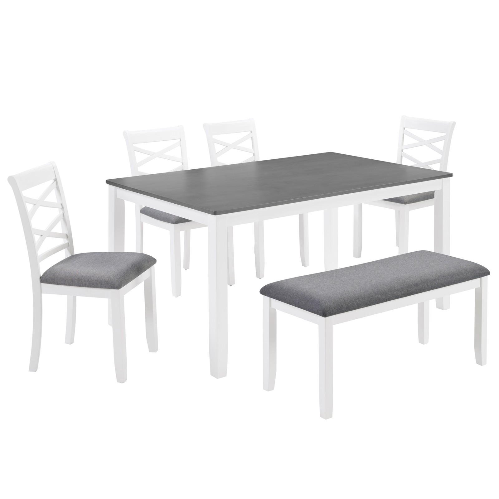 6-Piece Rectangular Wood Dining Table Set w/ Bench & 4 Upholstered Chair Modern