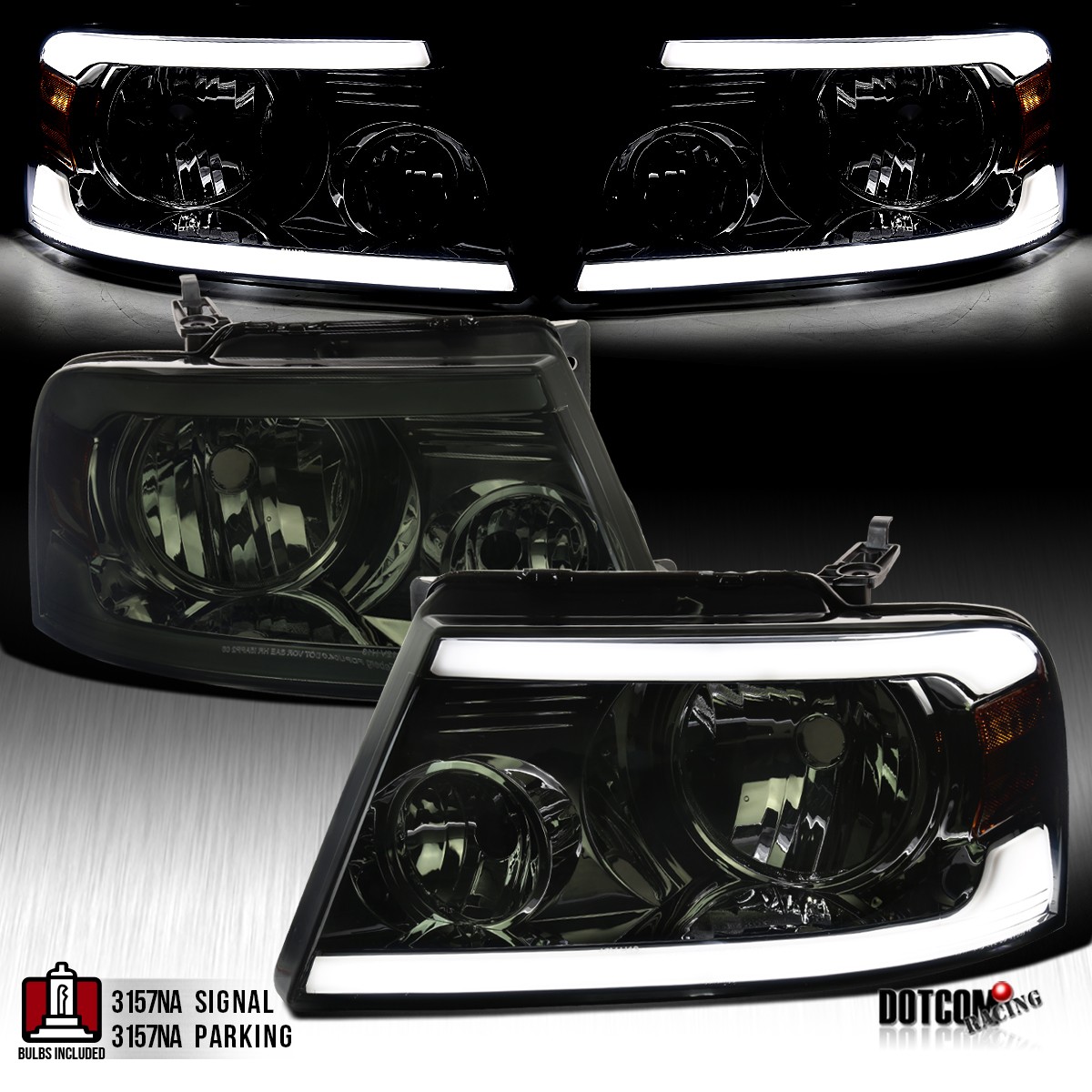 Fit 2004-2008 Ford F150 Smoke LED Bar Headlights Assembly Lamps Left+Right 04-08