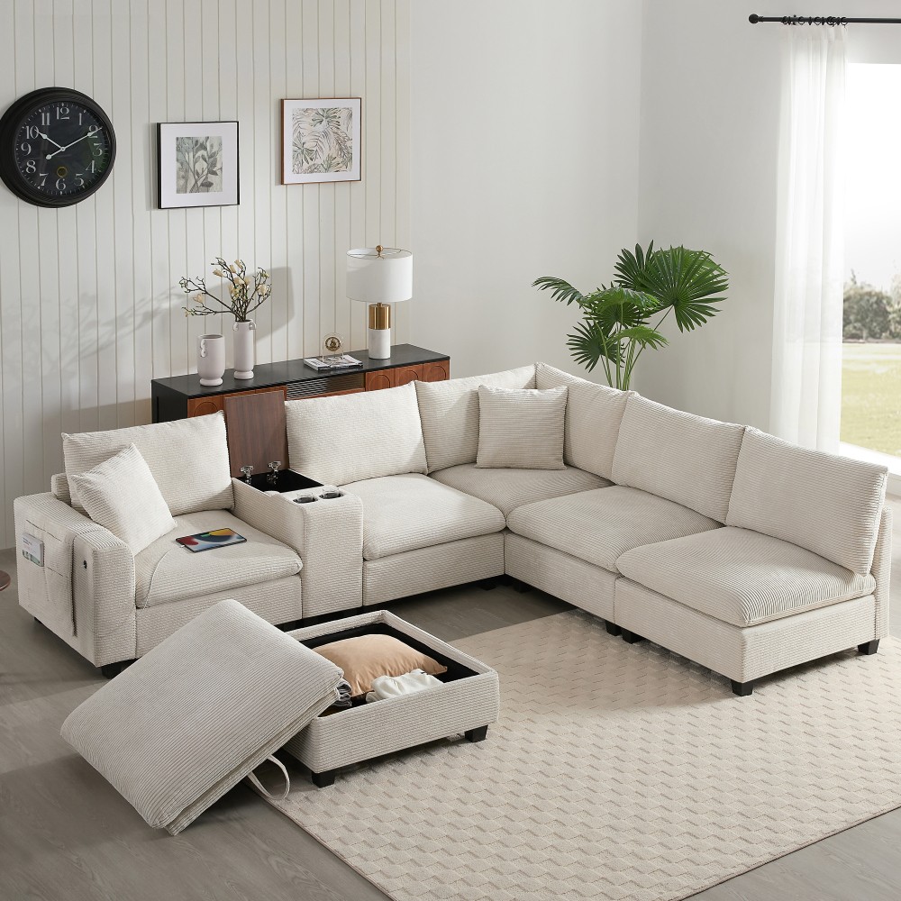 139'' U-shaped Modular Sectional Sofa with Console, L-Shaped Corduroy Couch