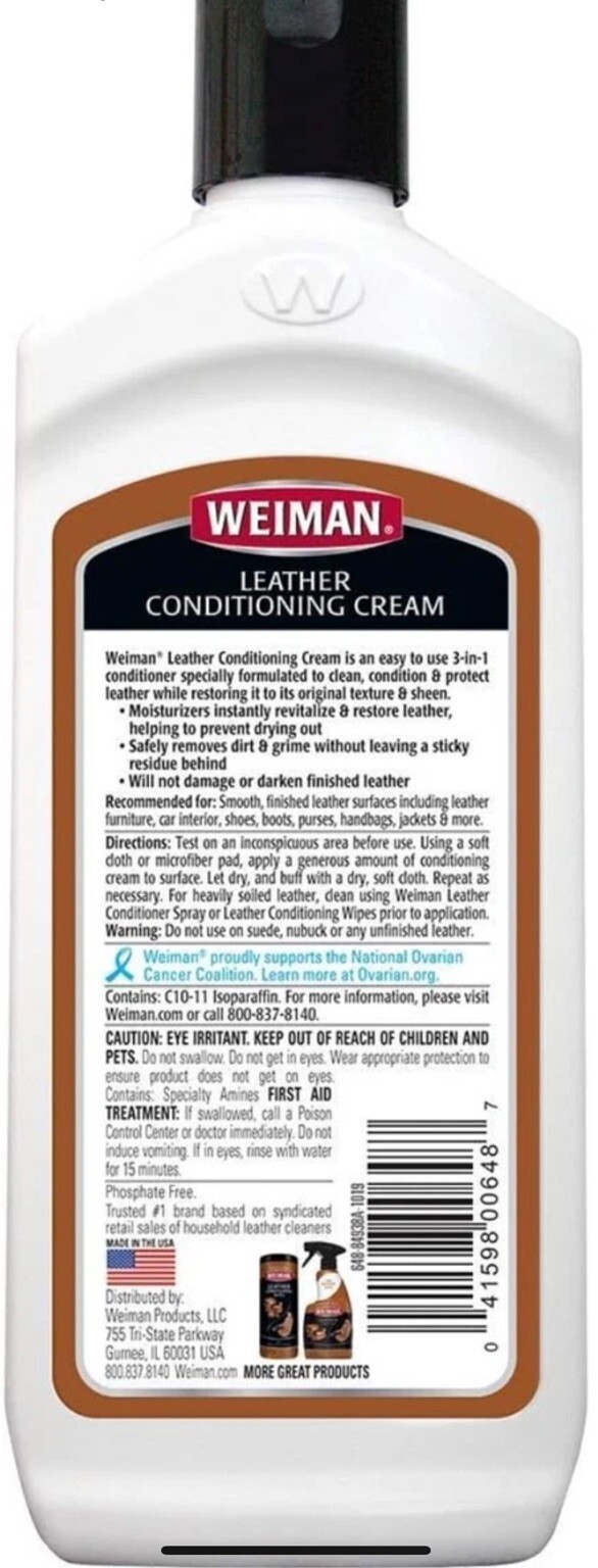 2x 8oz Weiman Leather Cleaner & Conditioner Cream - Restores Deep Clean Surfaces