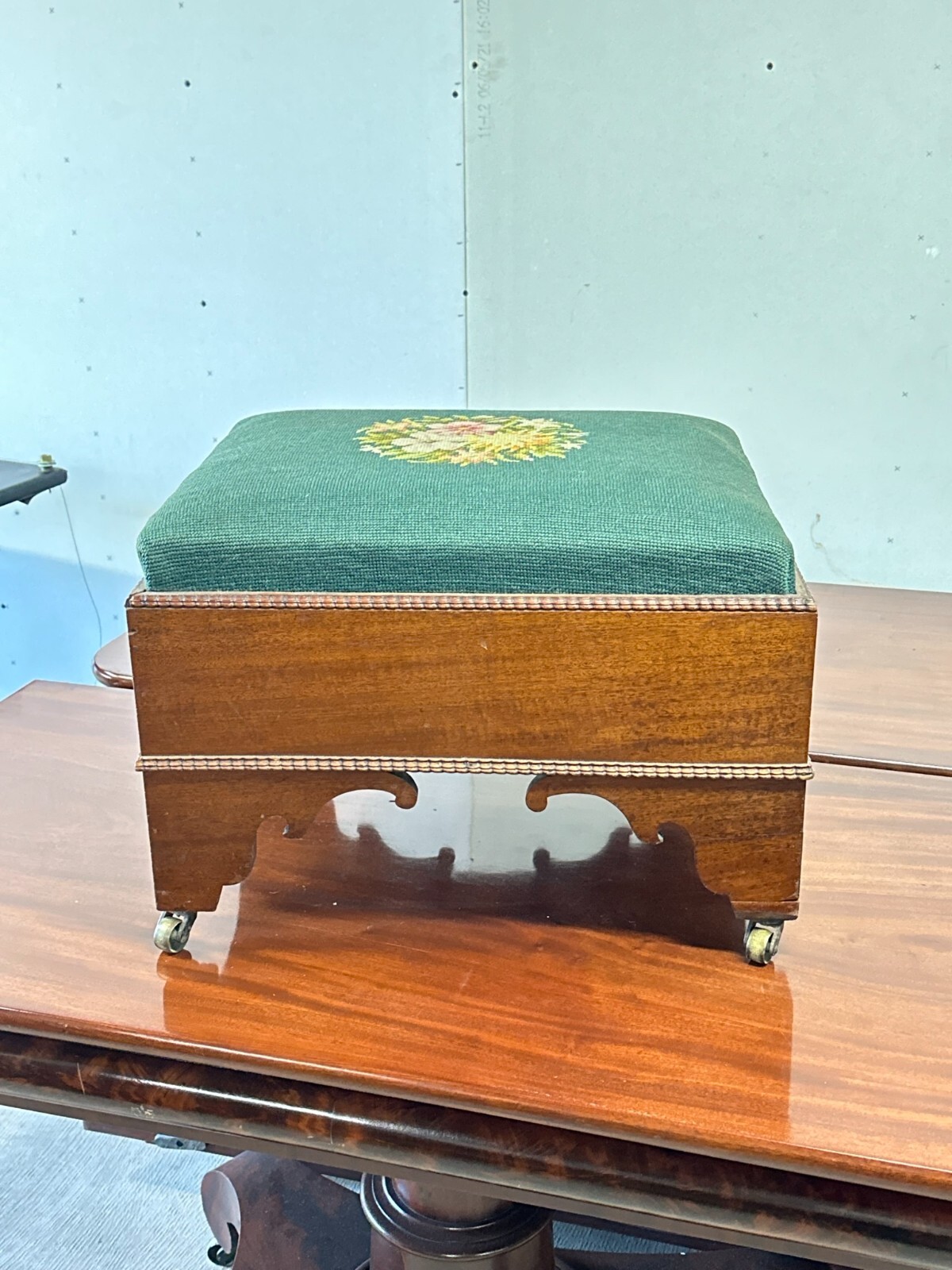 antique classical empire mahogany foot stool needlepoint 1840 bench