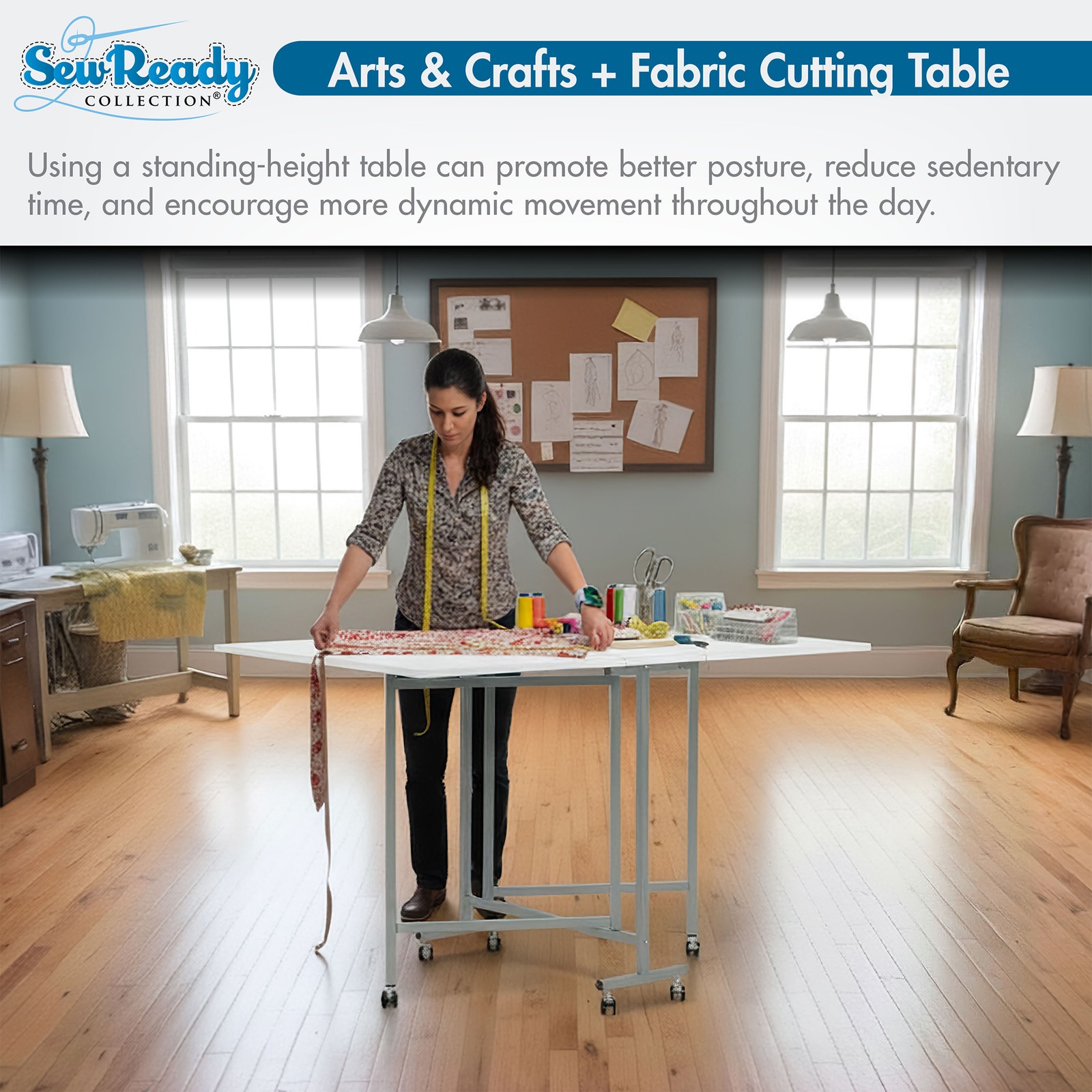 Sew Ready Folding Craft and Cutting Standing Table with Wheels, Silver/White