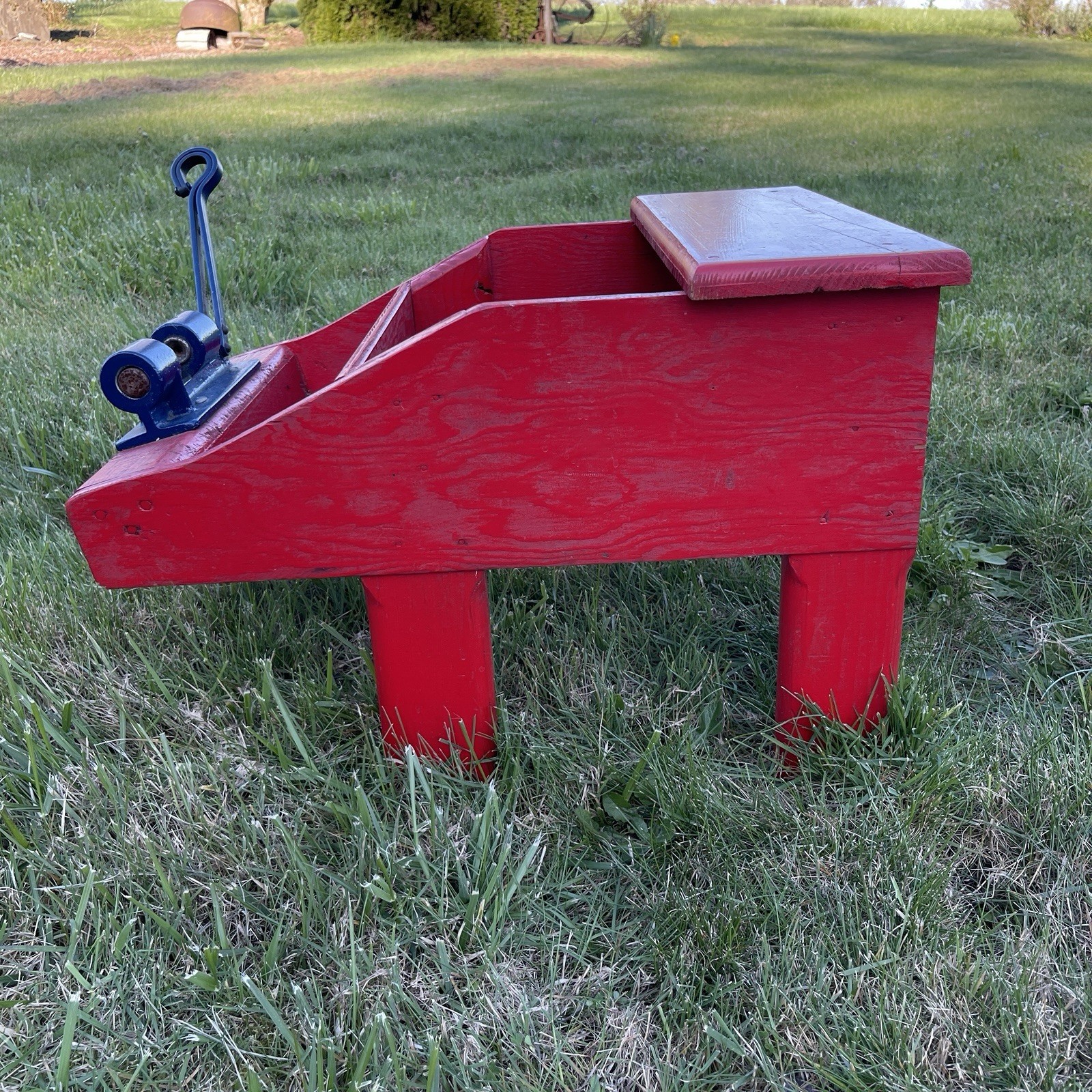 Vintage Red Wood Bench w/ Walnut Nut Cracker Attachment