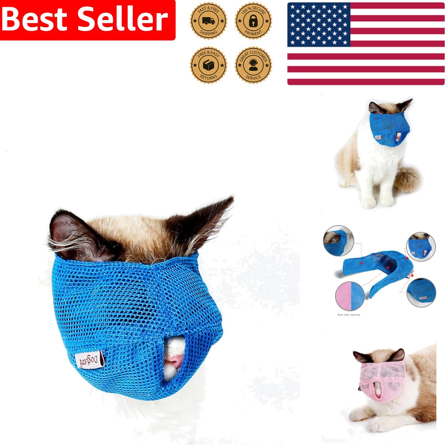 Cat Muzzle Large Blue Breathable Nylon Mesh Anti Bite Grooming Tool L