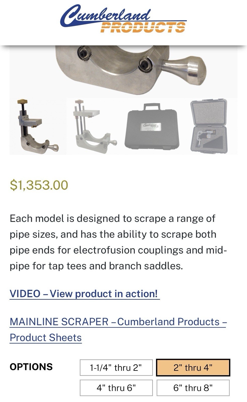 Cumberland Products Mainline Pipe Scraper 2” - 4” With Case