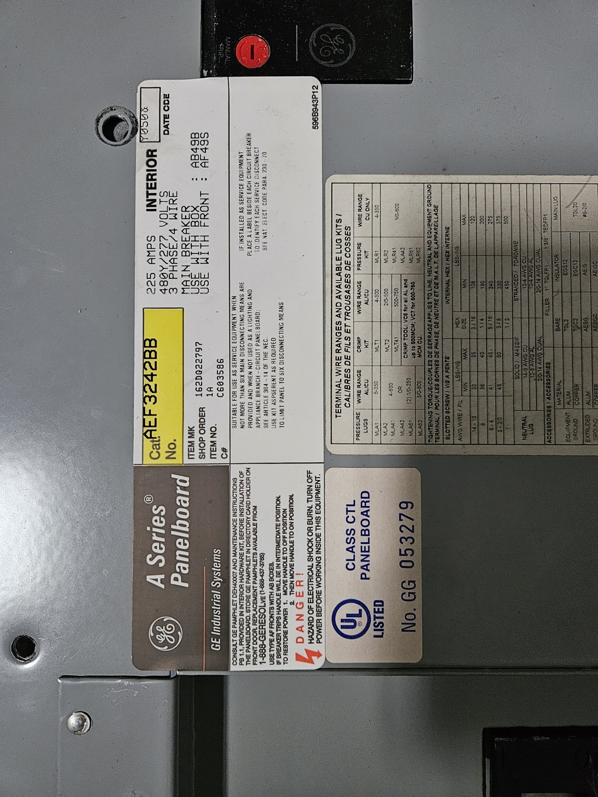 AEF3242BB GE 225 PANEL 480/277V 3P 4W Panel with 125A MAIN BREAKER TFJ236125