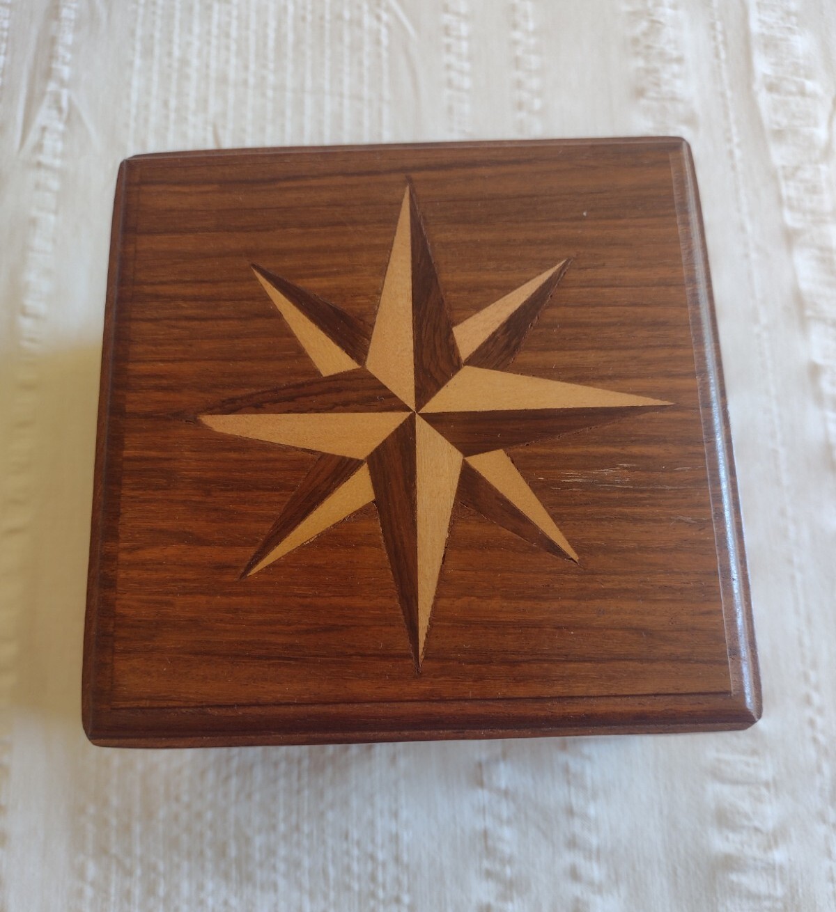 Wood Hinged Box With Compass Inside 4.75" X 4.75" X 3.25"