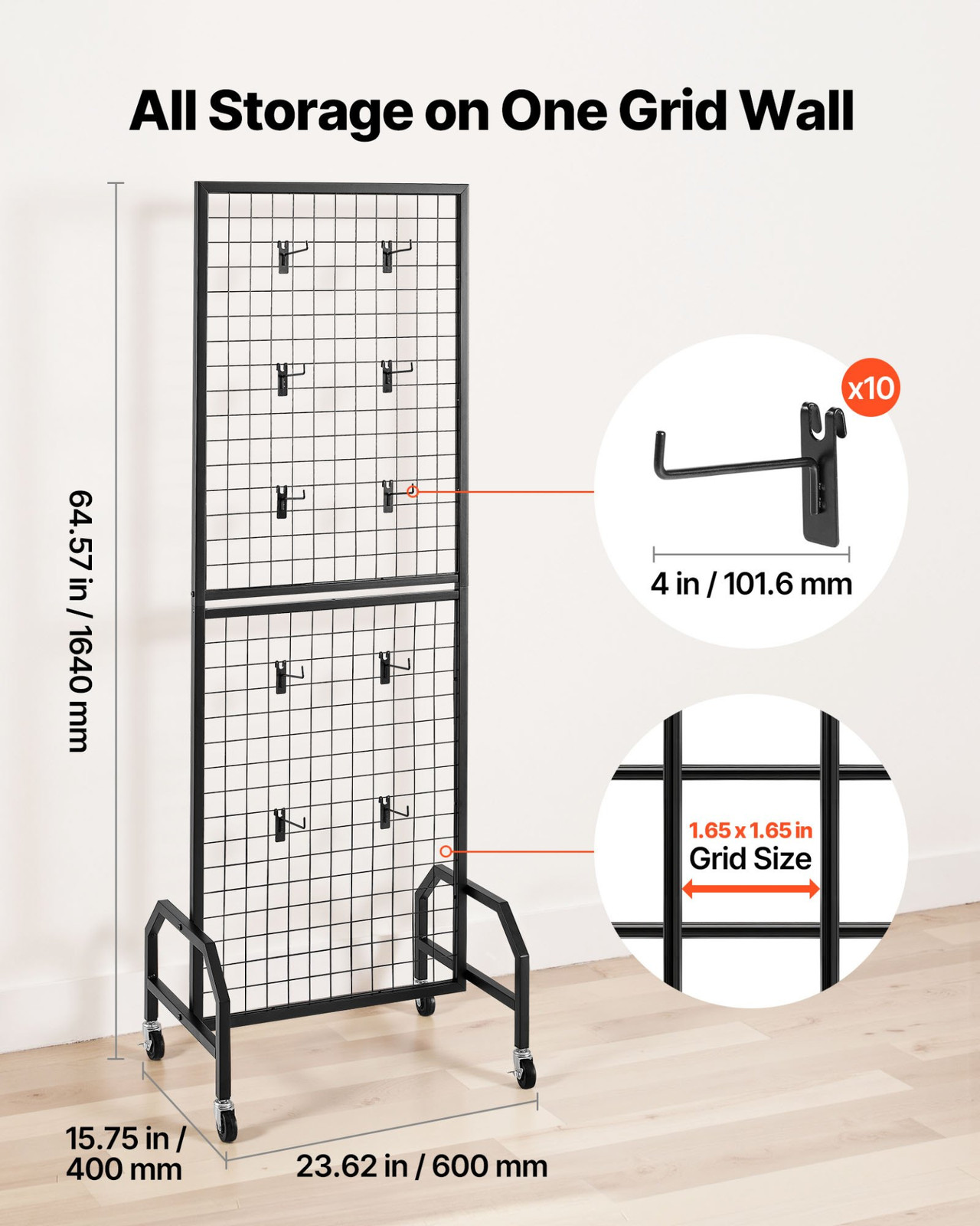 Grid Wall Panel 1.9 x 5.4 ft Wire Display Rack with Wheels and 10 Hooks
