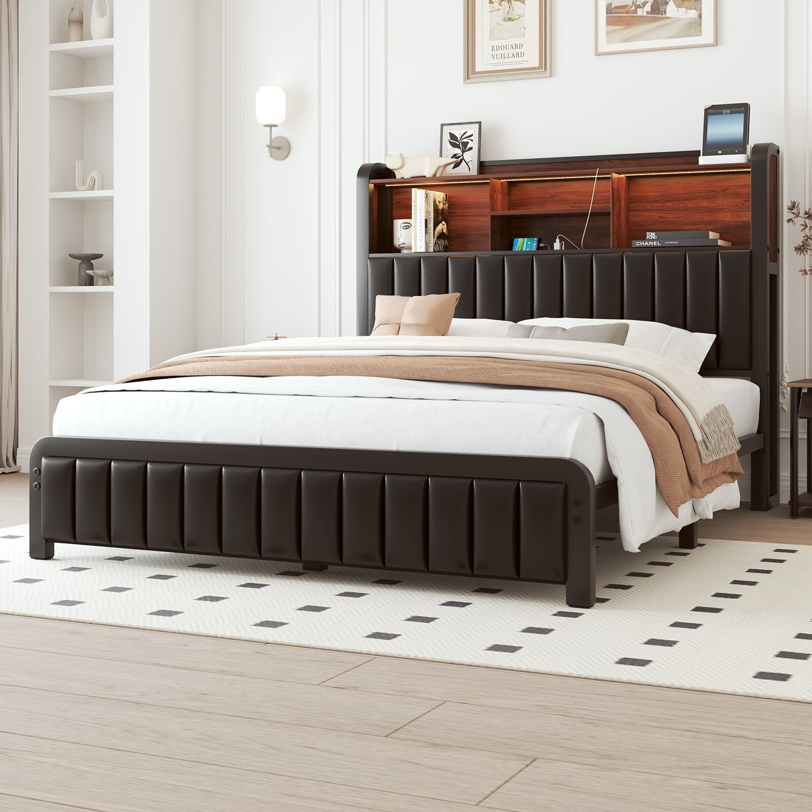 Full/Queen Size Bed Frame with Bookcase Headboard and Charging Station
