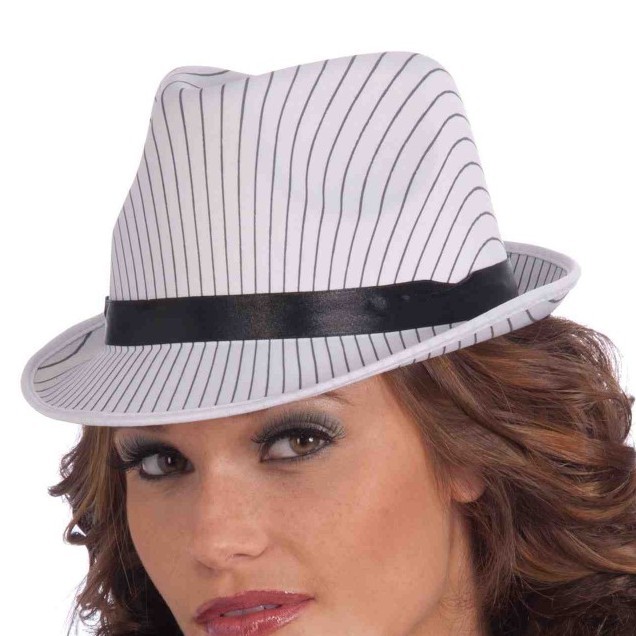 Womens White Striped Fedora Black Roaring 20s Flapper Gangster Costume Adult NEW
