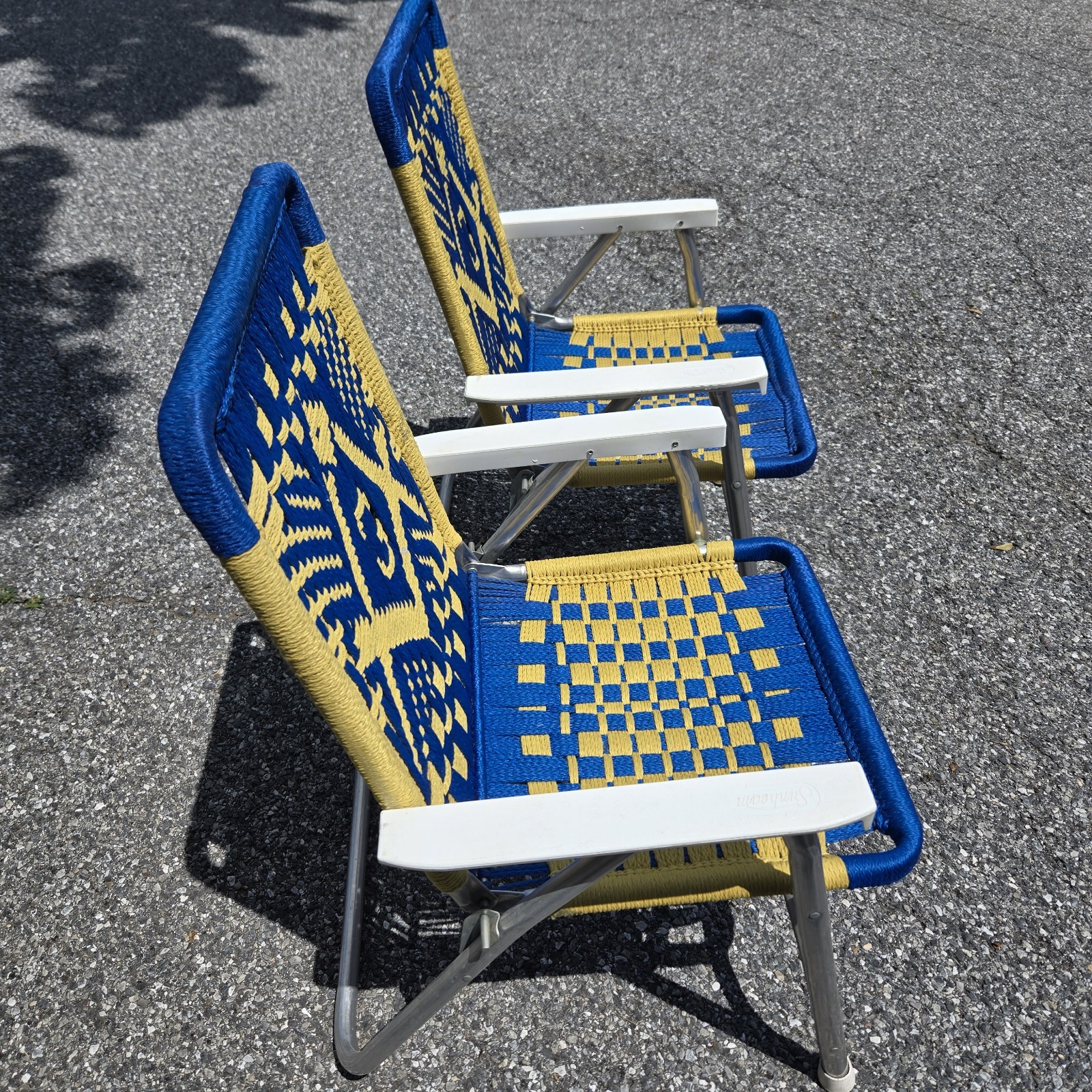 Masonic Folding Chairs Pair Macrame Blue Gold Aluminum Frame Vintage Lawn Patio